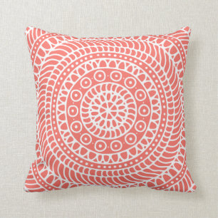 Mandala Doodle in Live Coral Throw Pillow