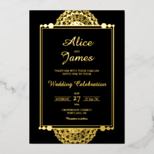 Mandala Double Frame Royal Black Gold Foil Wedding Invitation