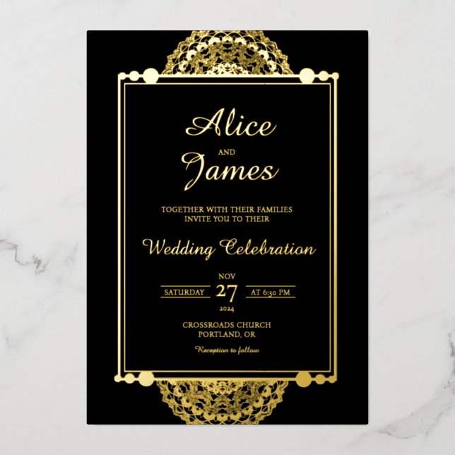 Mandala Double Frame Royal Black Gold Foil Wedding Invitation (Front)