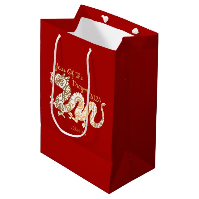 Mandala Dragon 2024 Chinese New Year Red Medium Gift Bag (Front Angled)