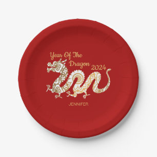 Mandala Dragon 2024 Chinese New Year Red Paper Plates