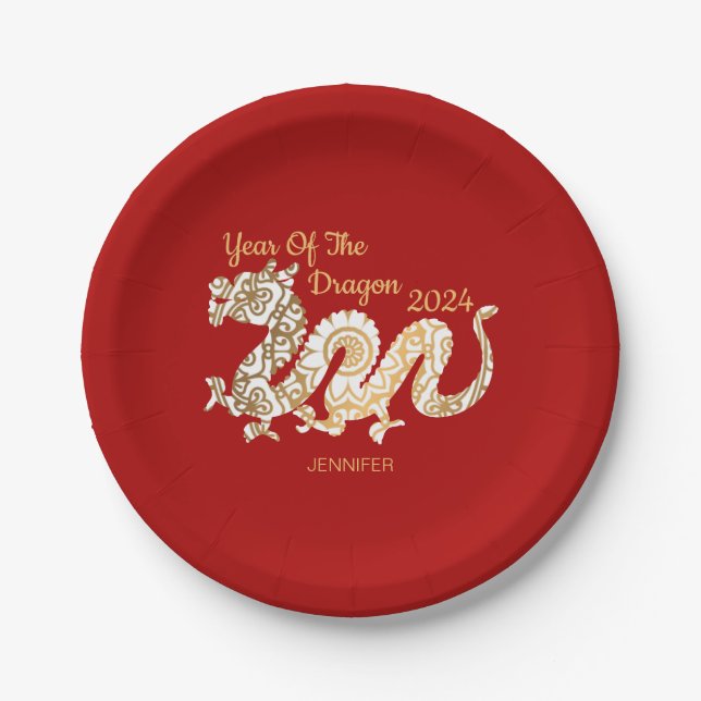 Mandala Dragon 2024 Chinese New Year Red Paper Plates (Front)