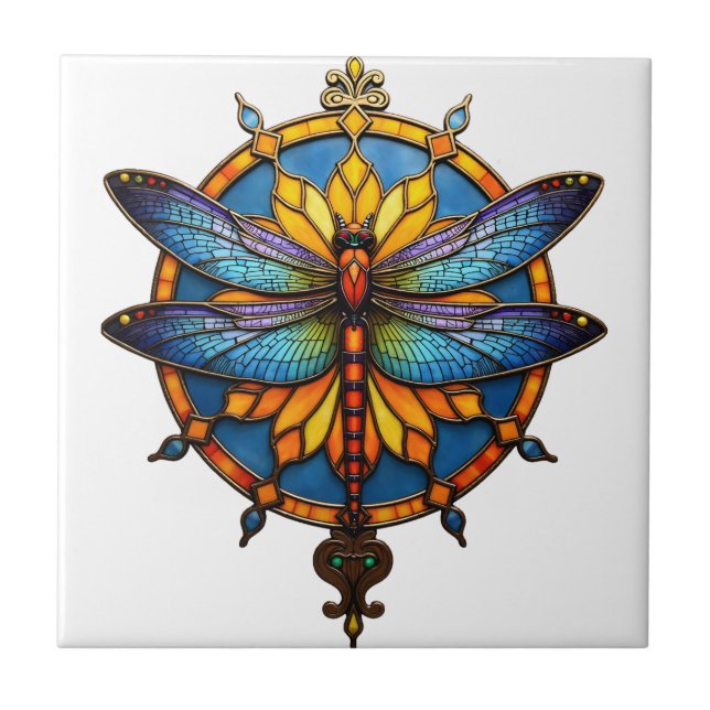 Mandala Dragonfly Luminous Sacred Geometry Spiritu Ceramic Tile (Front)