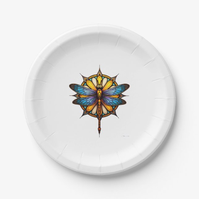 Mandala Dragonfly Luminous Sacred Geometry Spiritu Paper Plates (Front)