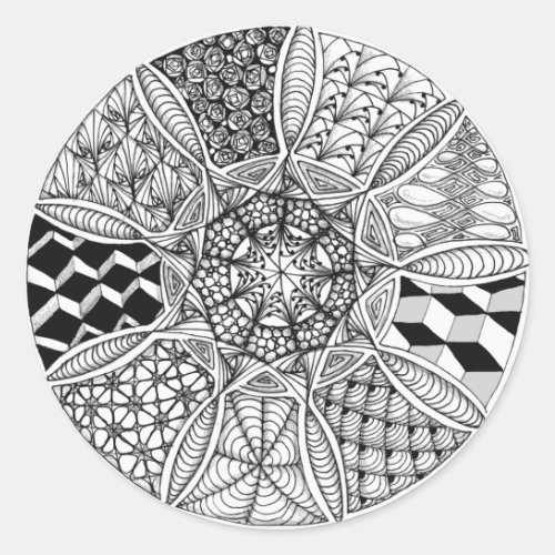 Mandala Drawing in Black and White Classic Round Sticker