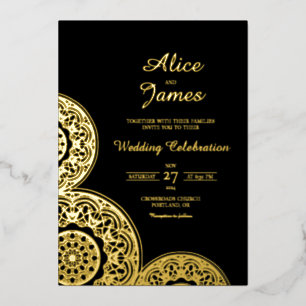 Mandala Elegant Black Gold Foil Indian Wedding Invitation