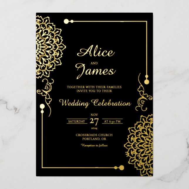 Mandala Elegant Black Gold Foil Wedding Invitation (Front)