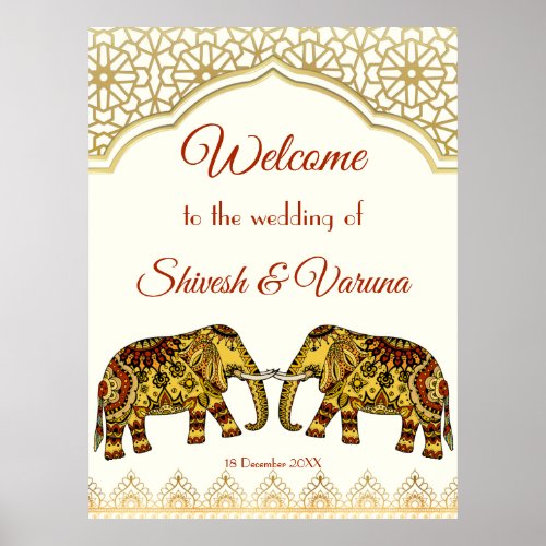 Mandala elephants Indian border Indian wedding Foa Poster