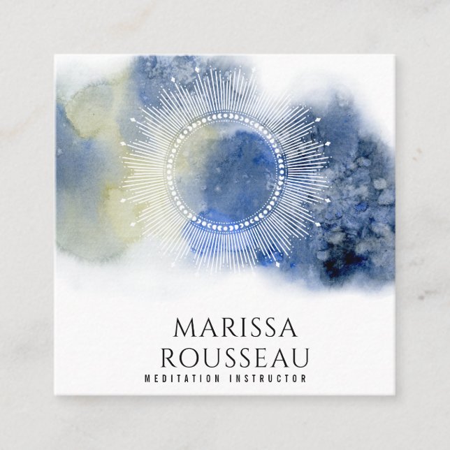 Mandala Ethereal Celestial Abstract Blue White Square Business Card (Front)