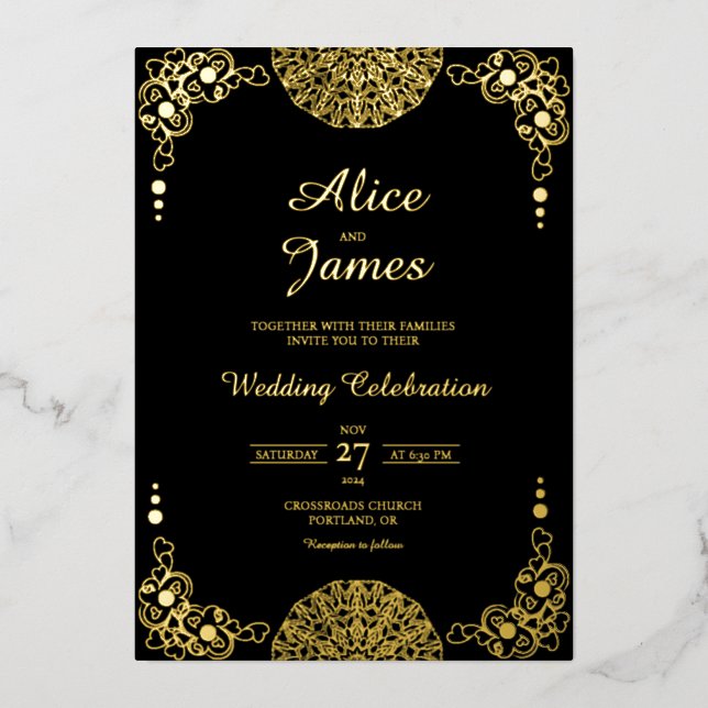 Mandala Floral Black Gold Foil Wedding Invitation (Front)