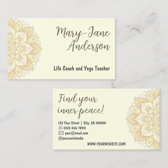 Mandala Floral Design Yoga Studio Ivory Pastel Business Card (Front/Back)