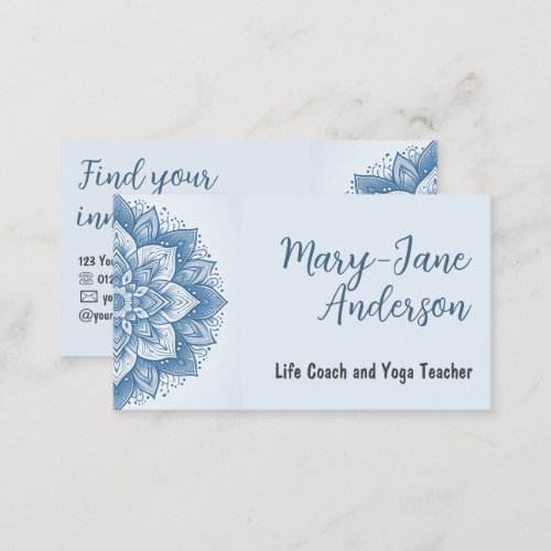 Mandala Floral Design Yoga Studio Pastel Baby Blue Business Card