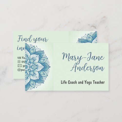 Mandala Floral Design Yoga Studio Pastel Mint Teal Business Card