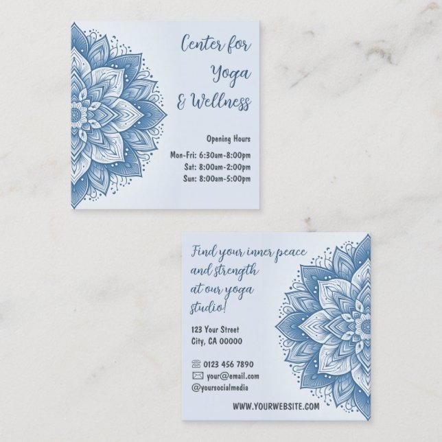 Mandala Floral Design Yoga Studio Sky Blue Pastel Square Business Card (Front/Back)