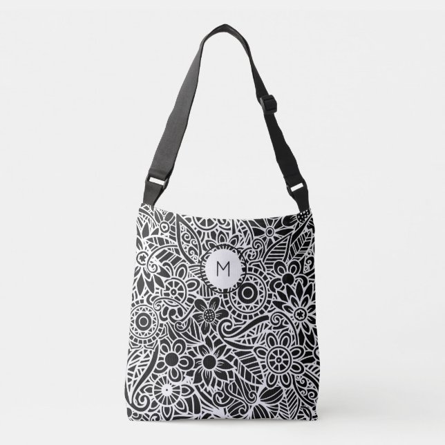 Mandala Floral Monogram Initial Black White  Crossbody Bag (Front)