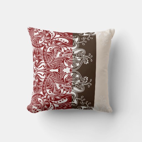 Mandala Floral Pattern on Dark Red and Brown Tones Throw Pillow