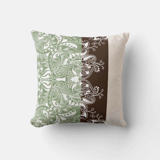 Mandala Floral Pattern on Mint Green, Brown, Cream Throw Pillow (Front)