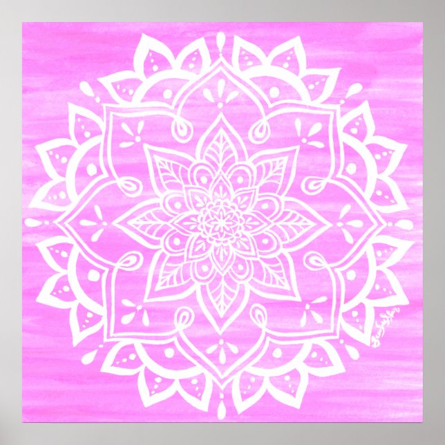 Mandala Floral Pink White Watercolor Poster (Front)