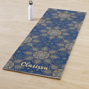 Mandala Flower Circle Pattern Navy Blue Background Yoga Mat