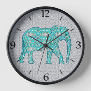 Mandala Flower Elephant Turquoise and Gray Framed  Clock