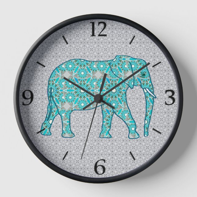 Mandala Flower Elephant Turquoise and Gray Framed  Clock (Front)