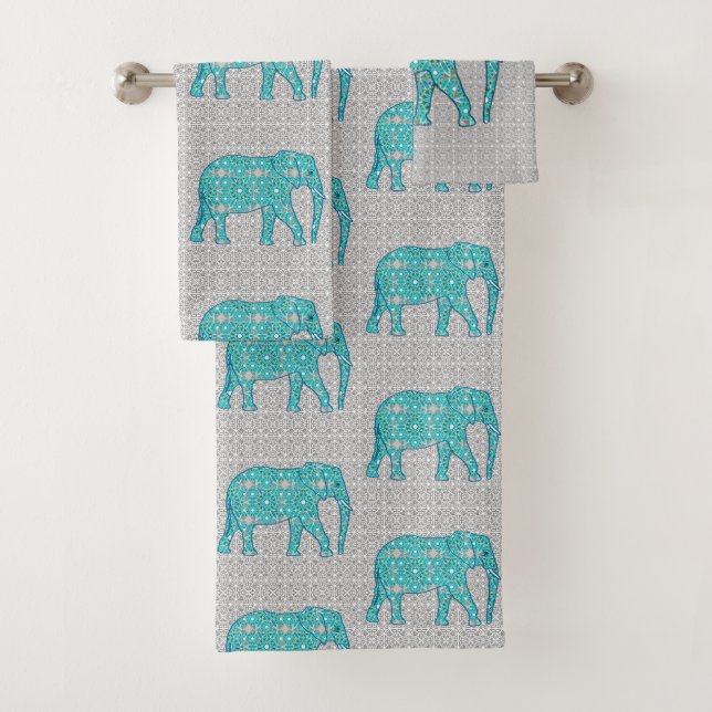 Mandala Flower Elephant, Turquoise, Gray & White Bath Towel Set (Insitu)