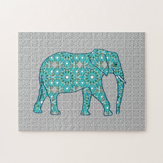 Mandala flower elephant, turquoise, gray & white jigsaw puzzle (Horizontal)