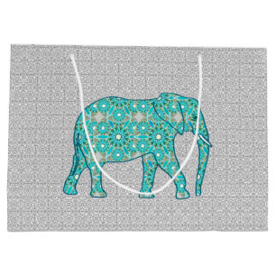 Mandala Flower Elephant, Turquoise, Gray & White Large Gift Bag