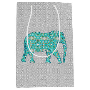 Mandala Flower Elephant, Turquoise, Gray & White Medium Gift Bag