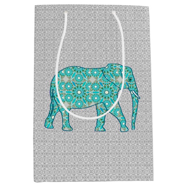 Mandala Flower Elephant, Turquoise, Gray & White Medium Gift Bag (Front)