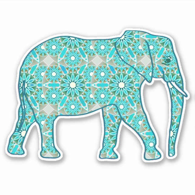 Mandala Flower Elephant, Turquoise, Gray & White Sticker (Front)