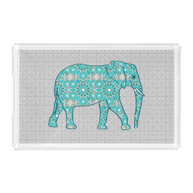 Mandala flower elephant - turquoise, grey & white acrylic tray (Front)