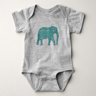 Mandala flower elephant - turquoise, grey & white baby bodysuit