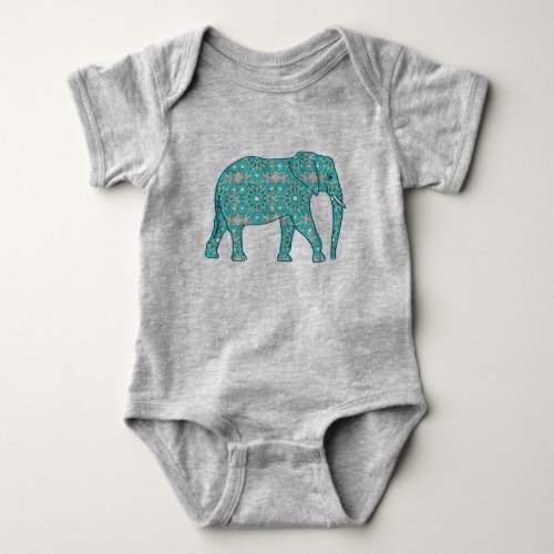 Mandala flower elephant _ turquoise grey  white baby bodysuit