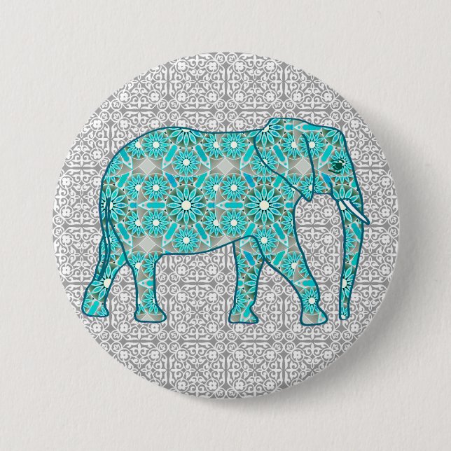 Mandala flower elephant - turquoise, grey & white button (Front)