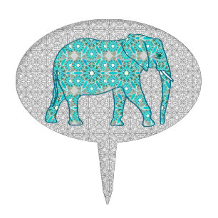 Mandala flower elephant - turquoise, grey & white cake topper