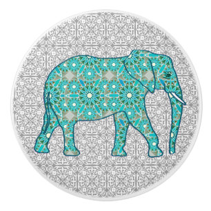Mandala flower elephant, turquoise, grey & white ceramic knob