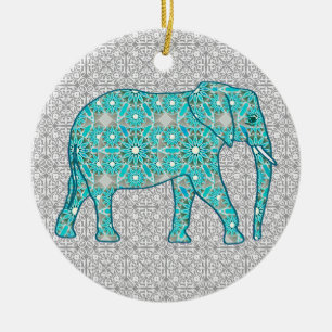 Mandala flower elephant - turquoise, grey & white ceramic ornament