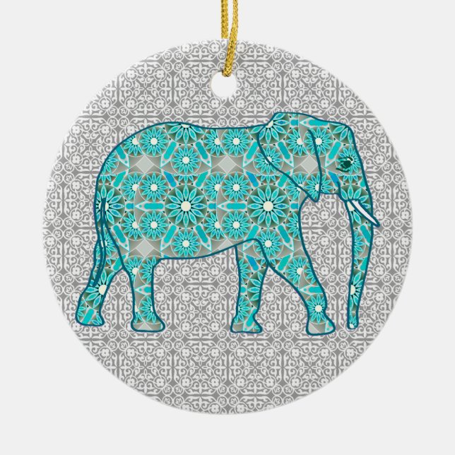Mandala flower elephant - turquoise, grey & white ceramic ornament (Front)