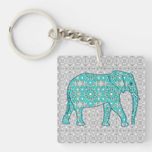 Mandala flower elephant - turquoise, grey & white keychain