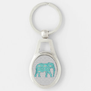 Mandala flower elephant - turquoise, grey & white keychain
