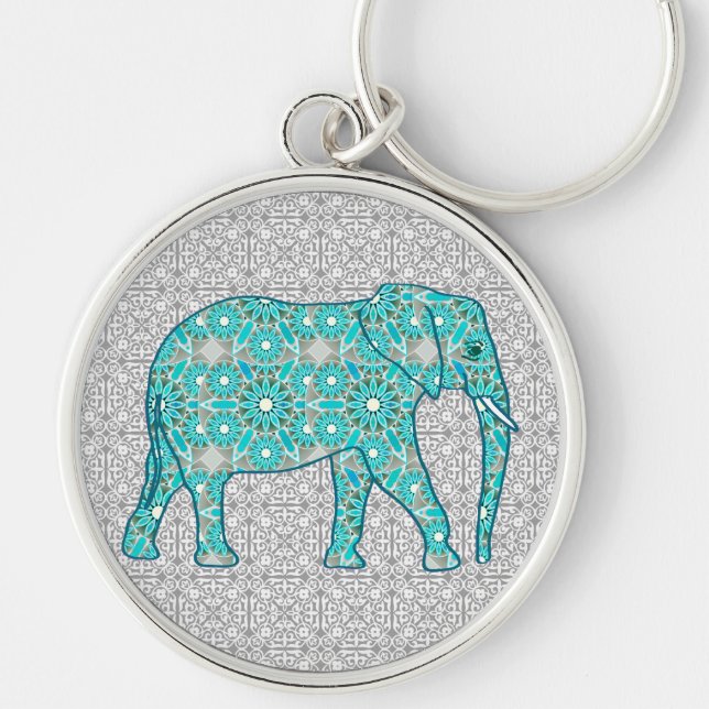 Mandala flower elephant - turquoise, grey & white keychain (Front)