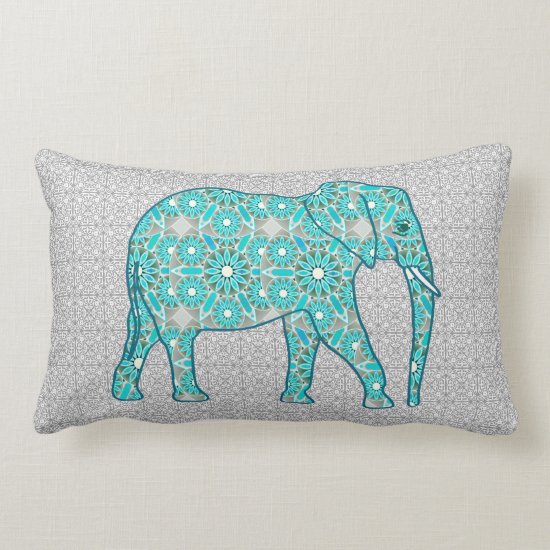 Mandala flower elephant - turquoise grey & white lumbar pillow