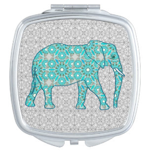 Mandala flower elephant - turquoise, grey & white makeup mirror