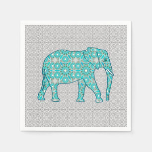 Mandala flower elephant - turquoise, grey & white napkins