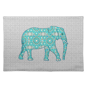 Mandala flower elephant - turquoise, grey & white placemat