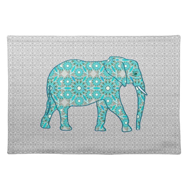 Mandala flower elephant - turquoise, grey & white placemat (Front)