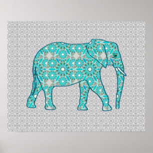 Mandala flower elephant - turquoise, grey & white poster