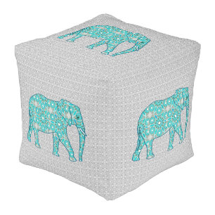 Mandala flower elephant - turquoise, grey & white pouf