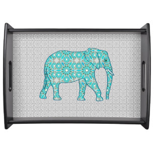 Mandala flower elephant - turquoise, grey & white serving tray